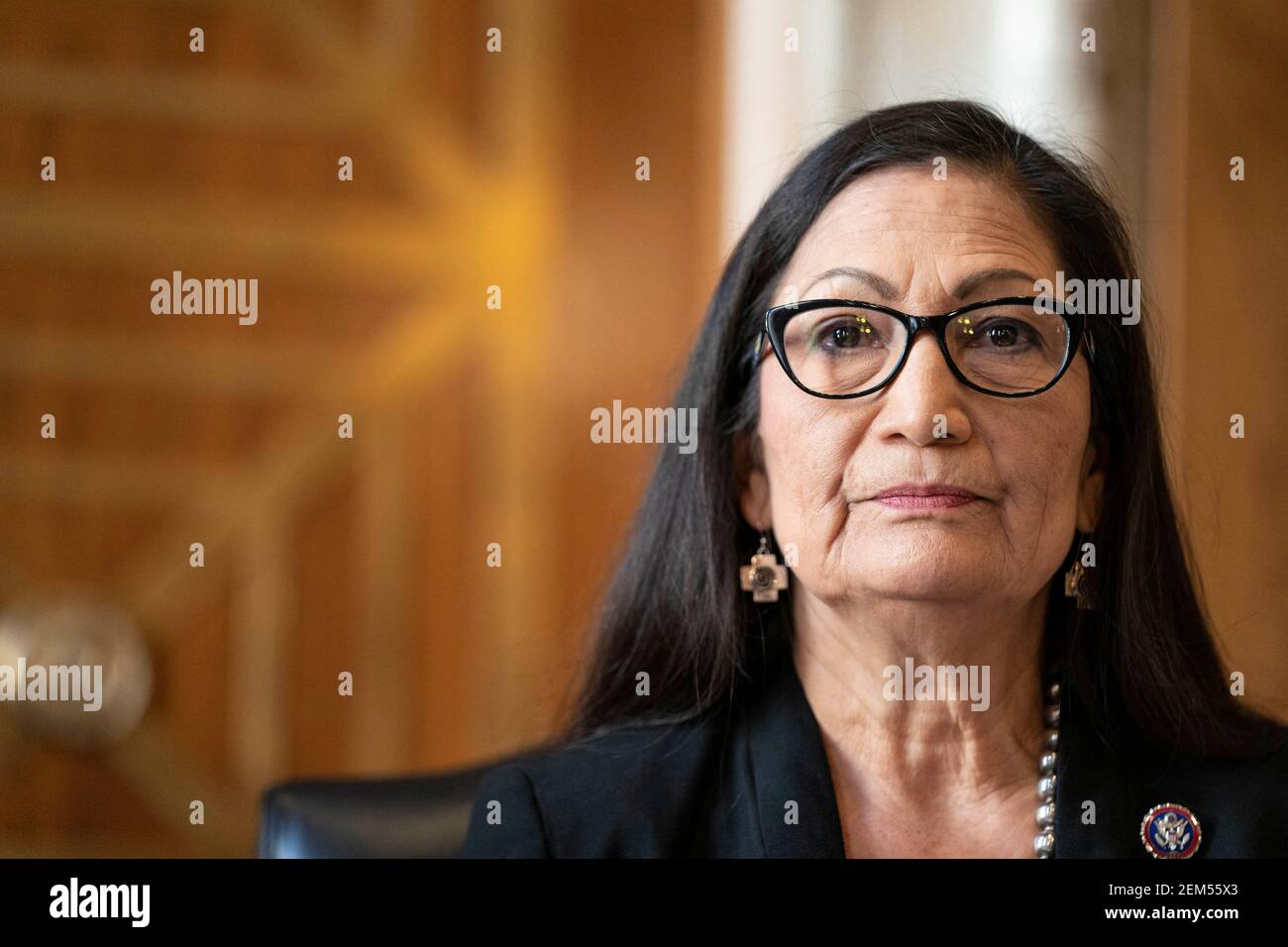 Representative Deb Haaland, a Democrat from New Mexico and secretary of the interior nominee for U.S. President Joe Biden, listens during a Senate Energy and Natural Resources Committee confirmation hearing in Washington, D.C., U.S., on Wednesday, Feb. 24, 2021. Haaland downplayed her past opposition to fracking during a heated hearing yesterday as she sought to reassure senators worried she would clamp down on fossil fuel development. Photo by Sarah Silbiger/Pool/ABACAPRESS.COM Stock Photo