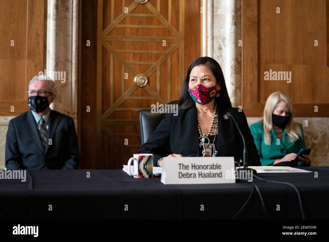 Representative Deb Haaland, a Democrat from New Mexico and secretary of the interior nominee for U.S. President Joe Biden, listens during a Senate Energy and Natural Resources Committee confirmation hearing in Washington, D.C., U.S., on Wednesday, Feb. 24, 2021. Haaland downplayed her past opposition to fracking during a heated hearing yesterday as she sought to reassure senators worried she would clamp down on fossil fuel development. Photo by Sarah Silbiger/Pool/ABACAPRESS.COM Stock Photo
