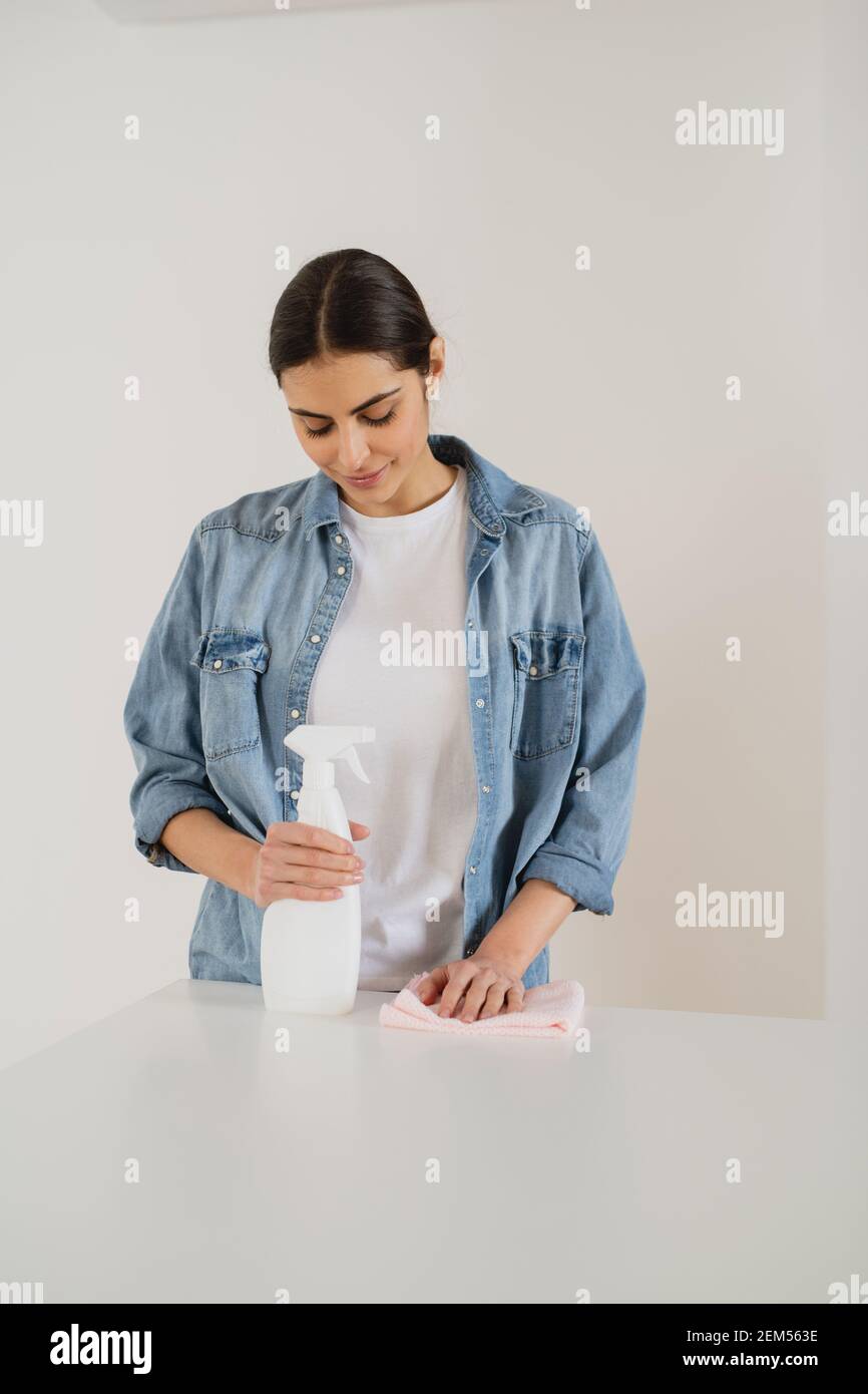 Young attractive woman holding rag and spray bottle detergent. Housekeeping concept. Stock Photo