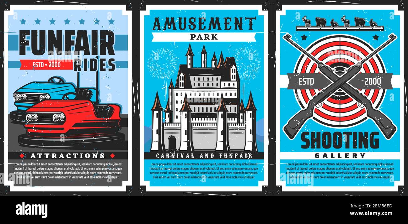 Amusement park rides, shooting gallery, carnival and funfair castle vector design of entertainment industry. Amusement park attractions poster with fa Stock Vector