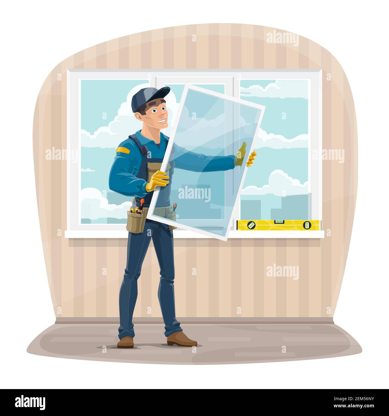 Plastic Windows Install And Repair Service Installer Worker In Uniform With Tools Holding A New Glass Frame Master Installing And Fixing Windows In Stock Vector Image Art Alamy