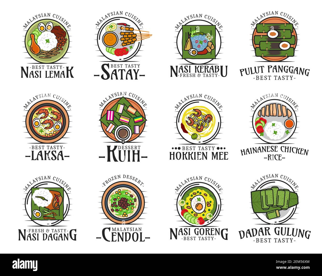 Malaysian cuisine isolated national food logos. Vector nasi lemak and satay, kerabu and pulut panggang, laksa and kuih, hokkien mee, hainanese chicken Stock Vector