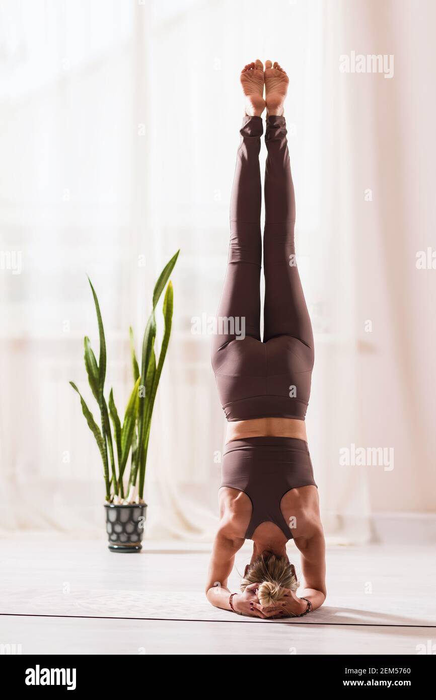A woman in sportswear practicing yoga, performs an inverted asana in a room near the window, shirshasana pose. Stock Photo