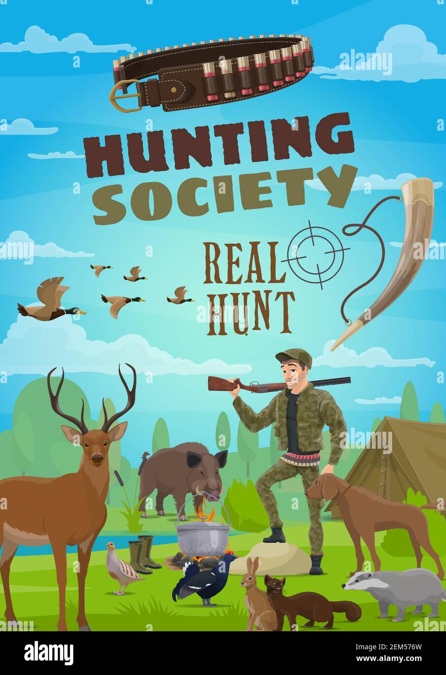 Hunter with rifle, dog, animals and tent in forest camp. Hunting season opening, cartoon vector. Deer and ducks, boar and badger, hare and sable, cape Stock Vector Image & Art - Alamy Hunter with rifle, dog, animals and tent in forest camp. Hunting season opening, cartoon vector. Deer and ducks, boar and badger, hare and sable, cape Stock Vector Image & Art - Alamy