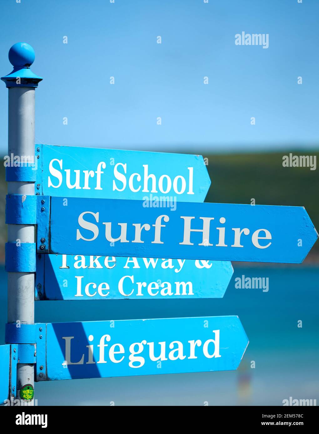 Sign post at Sennen Cove in Cornwall during summer Stock Photo