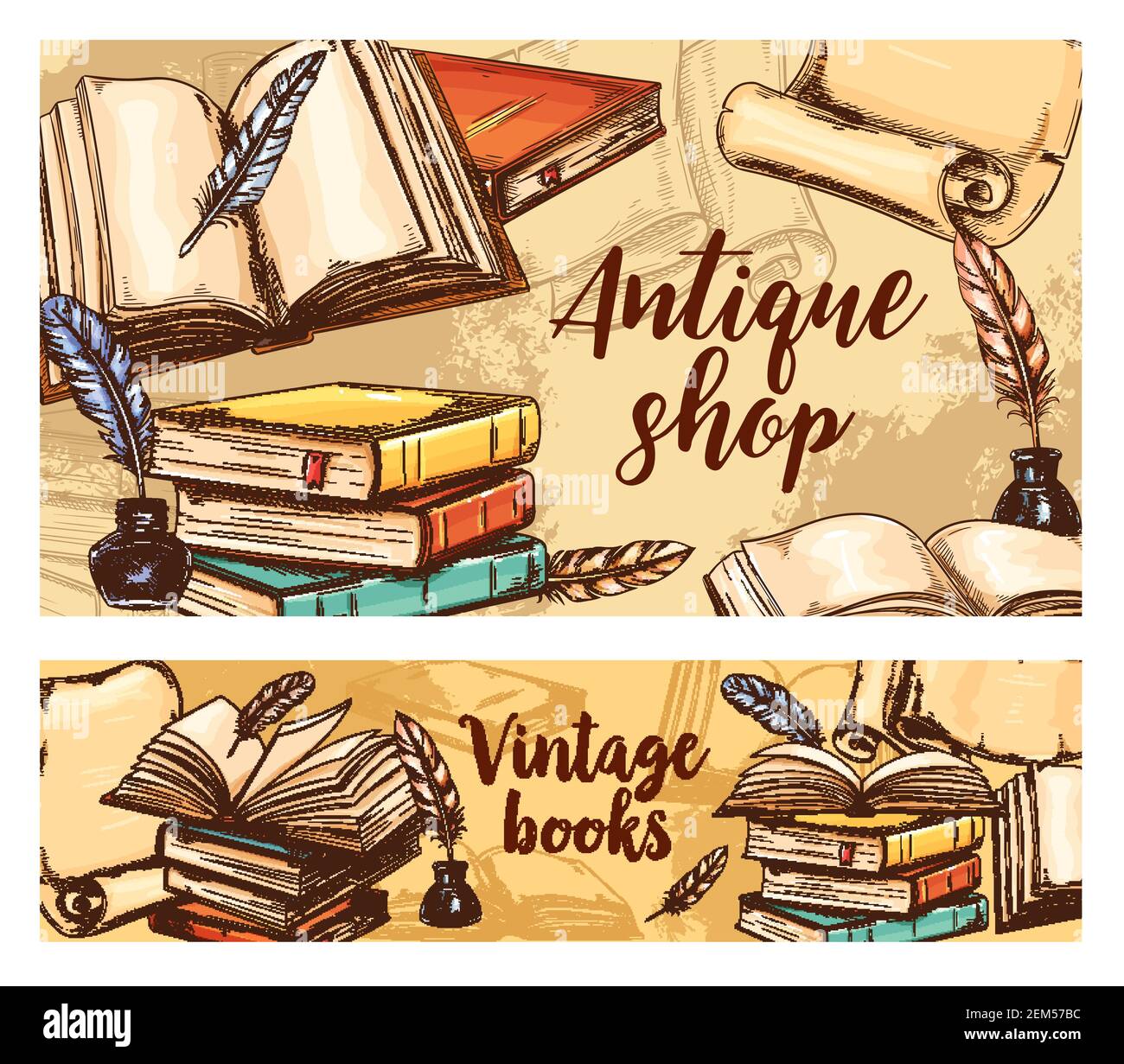 Antique books vector sketch banners. Vintage bookshop fair, literature festival, rare and old book store. Antiquarian poems and novels shop market, an Stock Vector