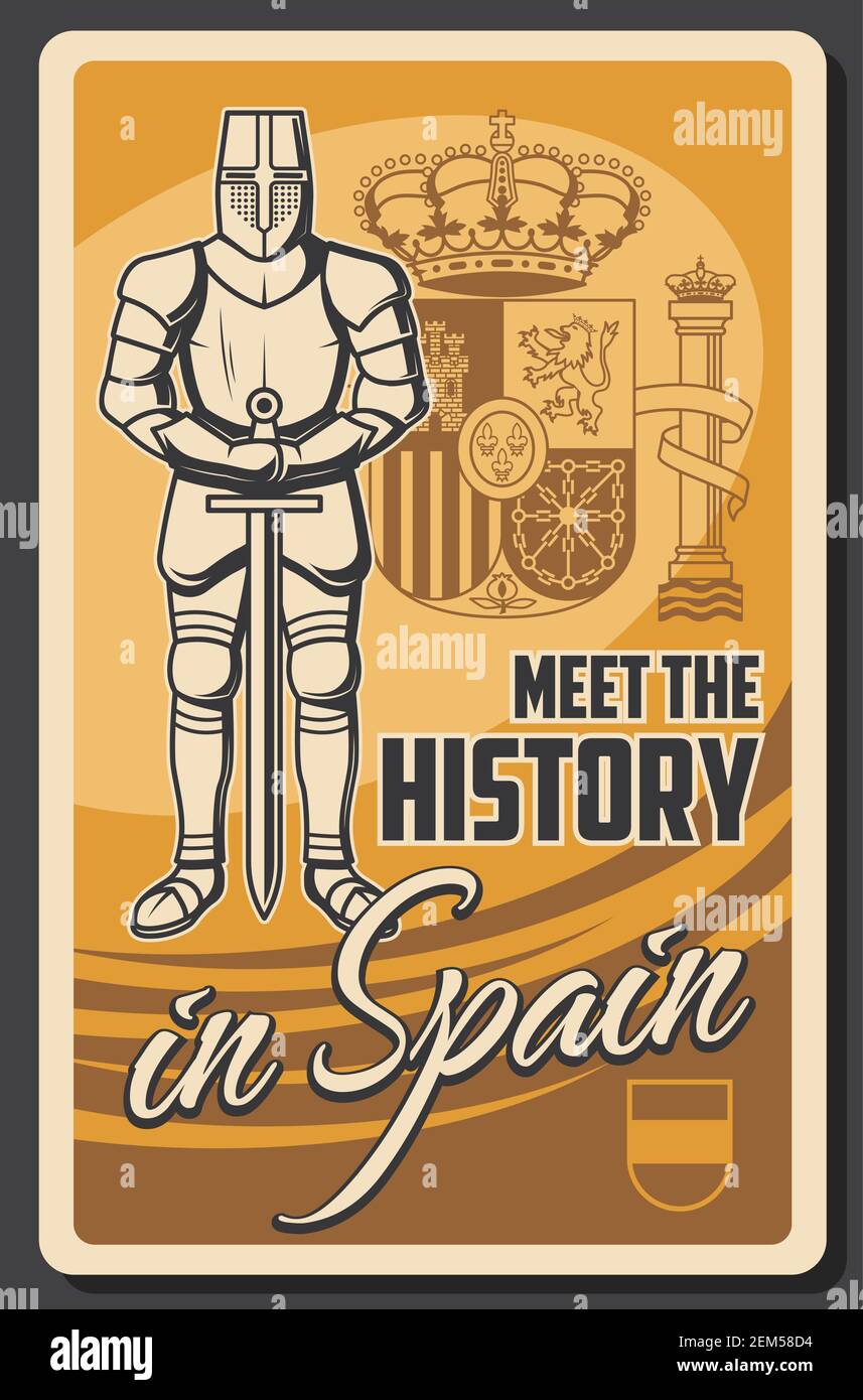 Travel to Spain, vector knight armor and weapon. Spanish history, tradition and culture, national attributes flag, coat of arms and royal crown. Medie Stock Vector