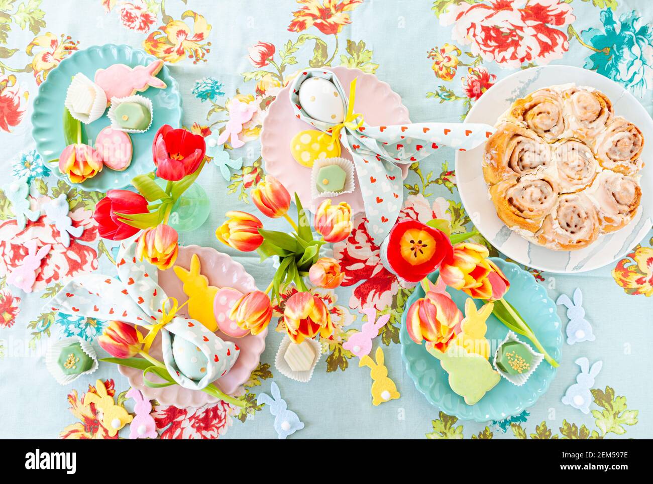 Colorful table setting with sweets for Easter Stock Photo