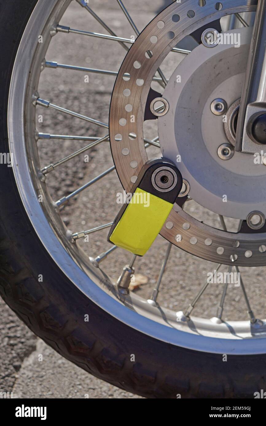 Motorcycle safety Disc brake lock with alarm Stock Photo Alamy