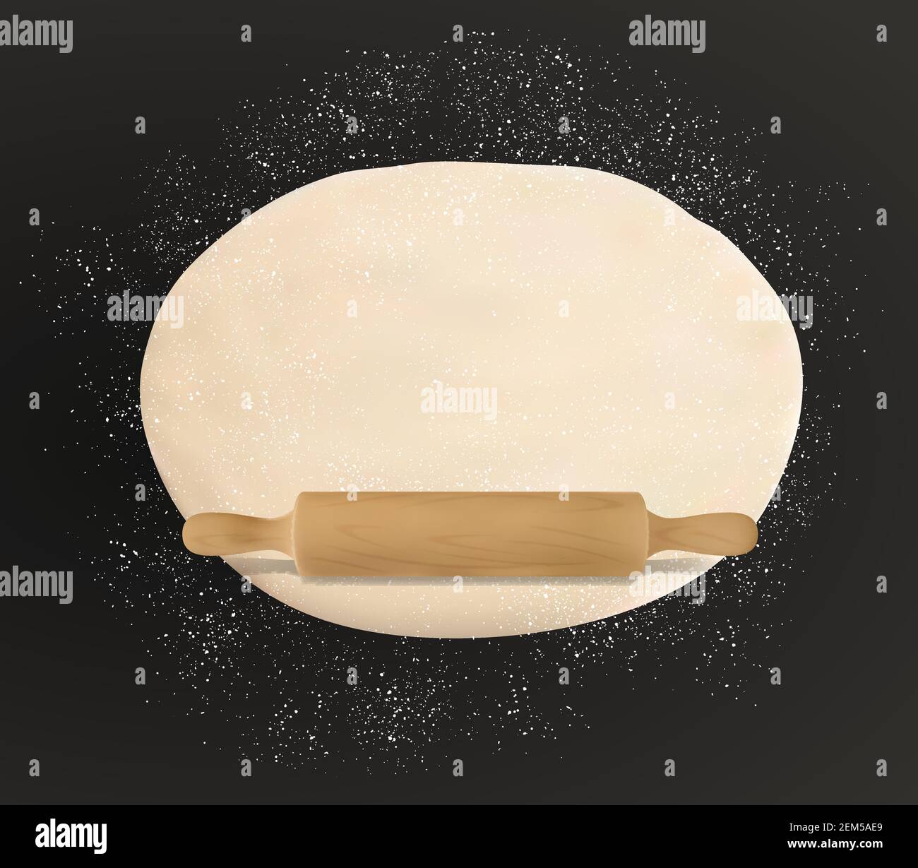 Dough, rolling pin and flour on table, rolled pastry food. Vector pizza dough kneading on black, patisserie and bakery. Homemade domestic bread and ki Stock Vector