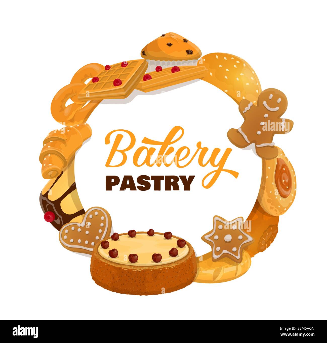 Bakery and pastry desserts round frame. Sweet baked food cherry cake, gingerbread man, waffles