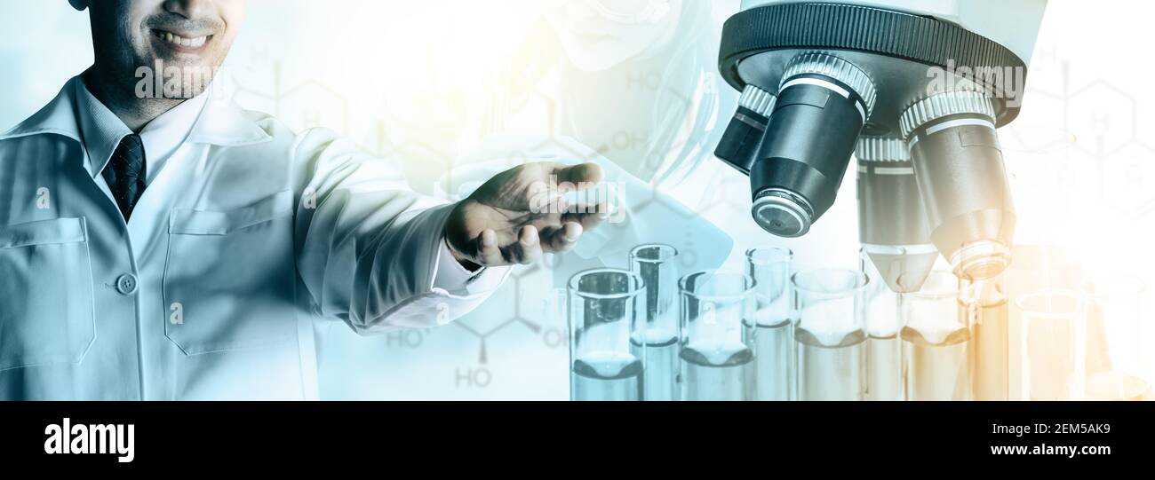 Research and development concept. Double exposure image of scientific