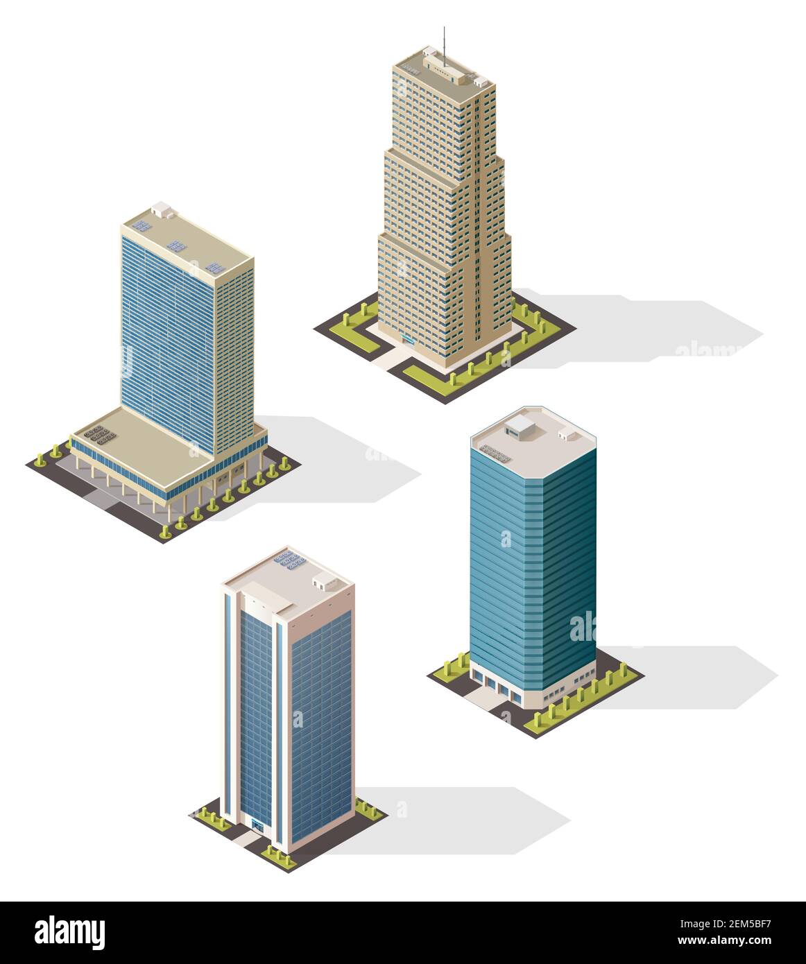 Isometric skyscraper buildings 3d vector icons. Isolated modern city business office centers. Urban tall buildings design of apartment houses, multi s Stock Vector
