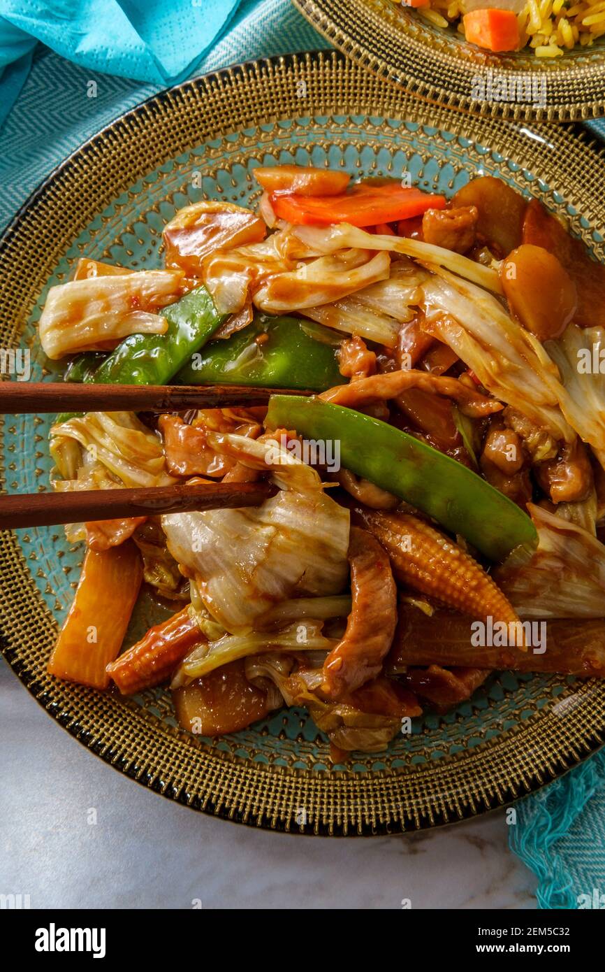 Chinese Cuisine Double Cooked Pork With Cabbage And Chicken Fried Rice Stock Photo Alamy