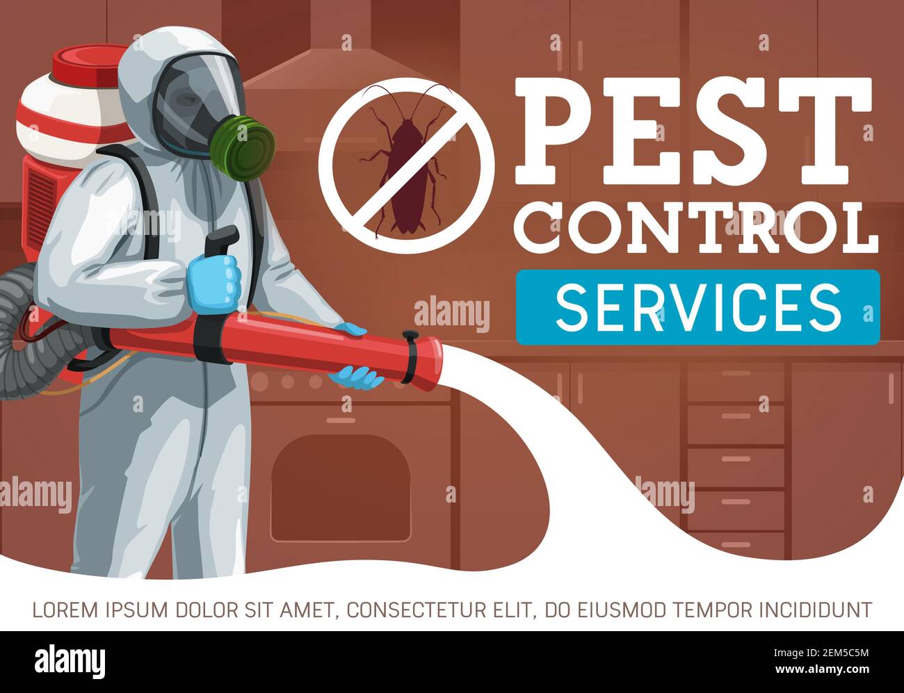 Pest control worker spraying insecticide against insects and rodents vector design. Exterminator with pressure sprayer, cockroach prohibition sign, ch Stock Vector