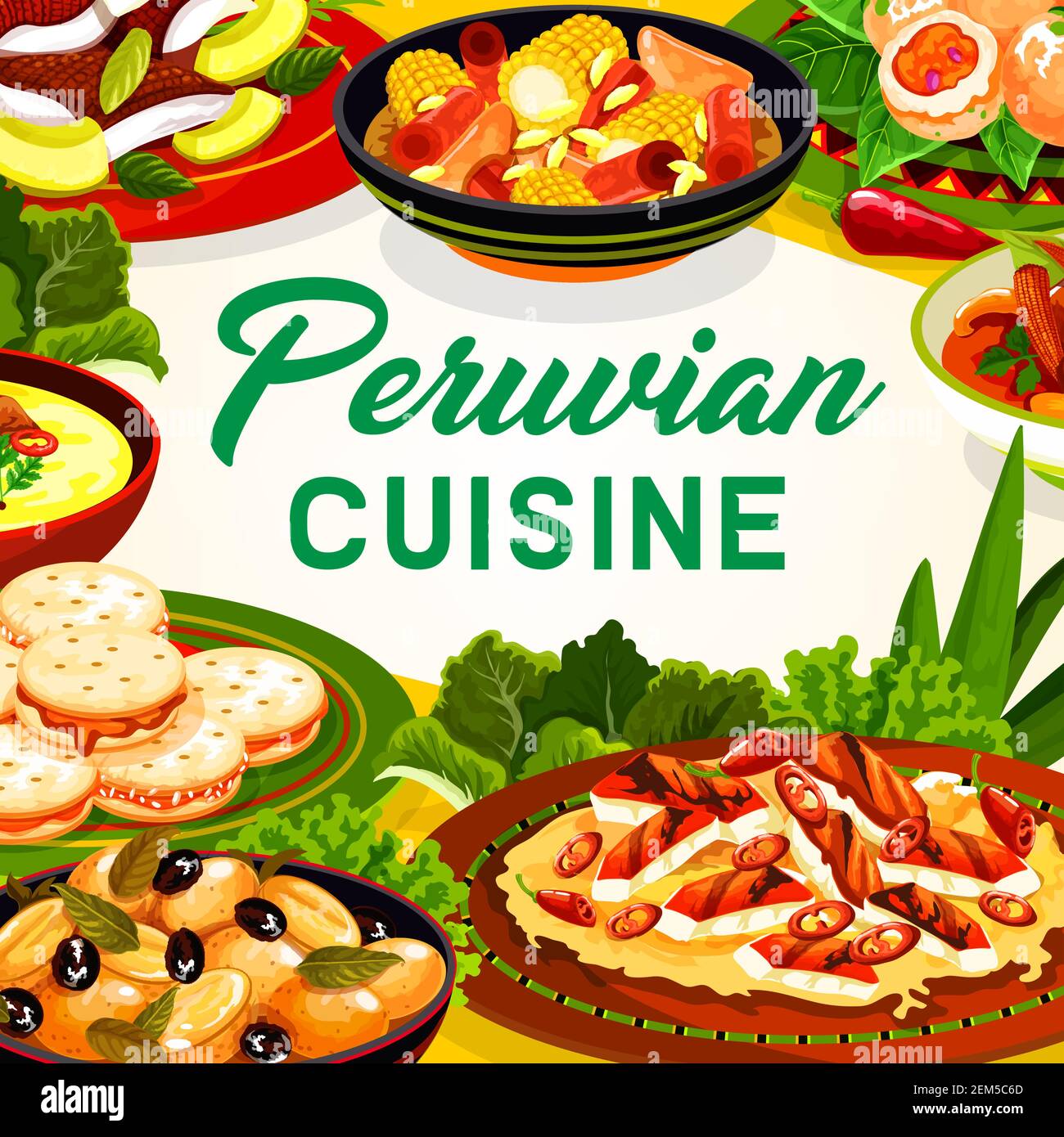 Peruvian cuisine fish ceviche, meat and vegetable dishes with dessert ...