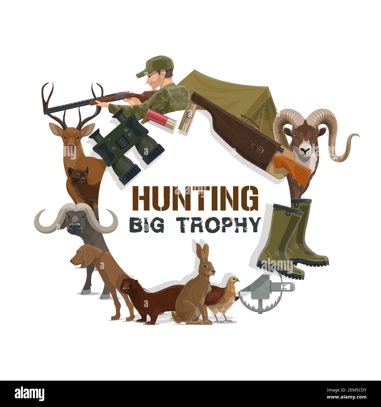 Hunting sport trophy icon with vector hunter guns, equipment and animals. Hunting dog, rifle and deer, weapon, huntsman and bull, tourist tent, binocu Stock Vector