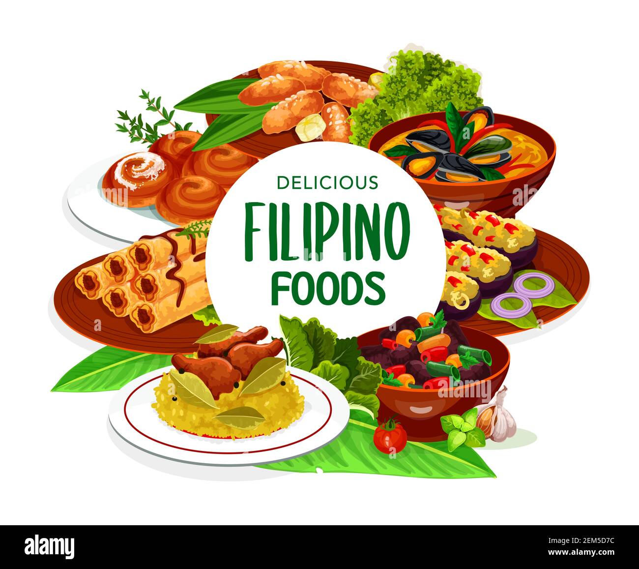 Filipino asian cuisine, dishes food frame. Lump with meat, eggplant