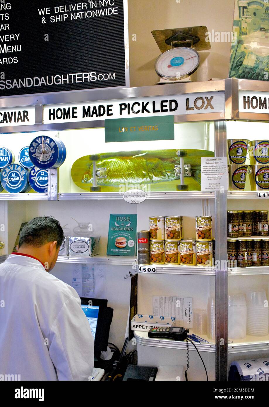 Russ & Daughters is a New York culinary and cultural icon, known for the highest quality appetizing foods: smoked fish, caviar, bagels, bialys Stock Photo
