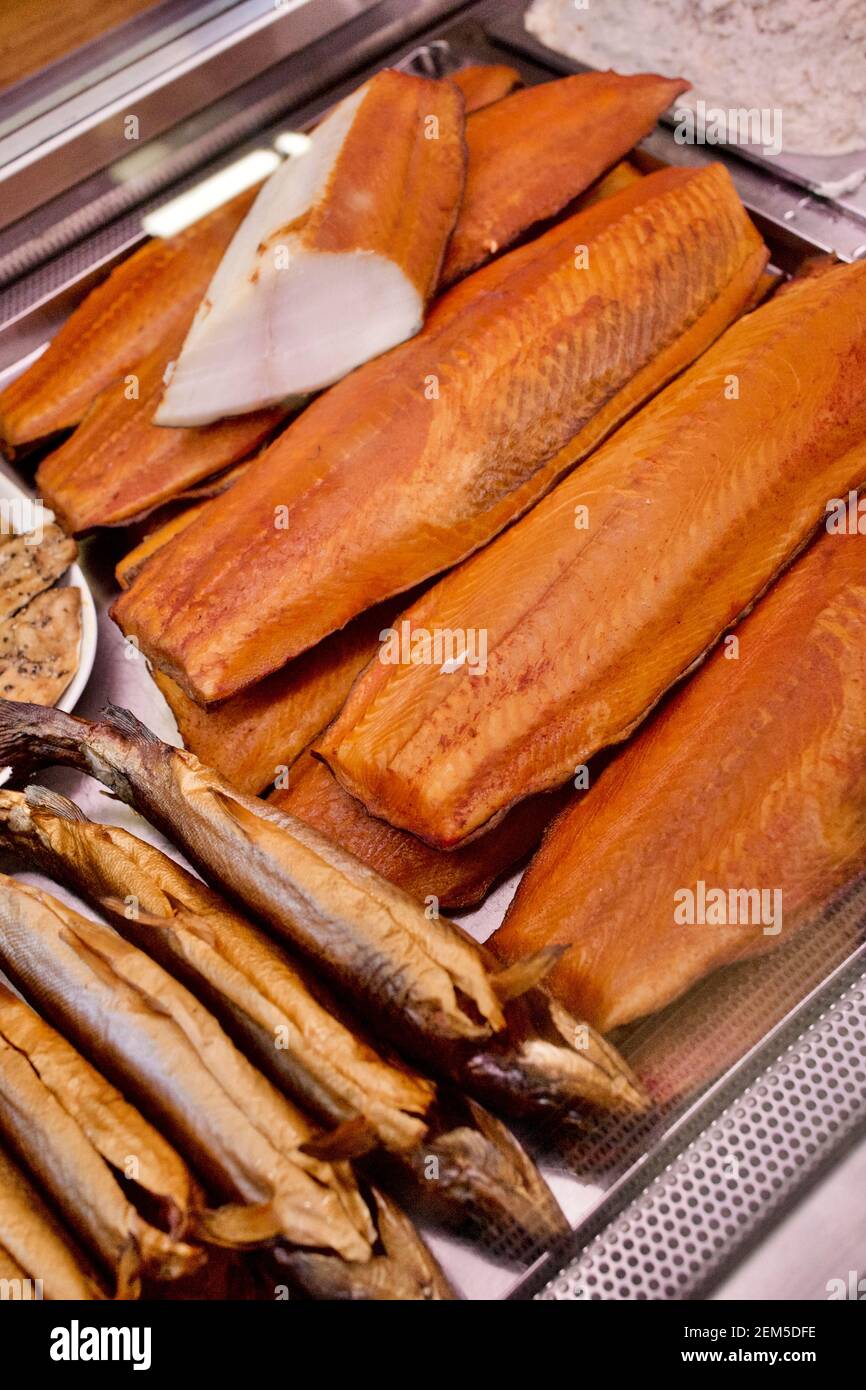 Russ & Daughters is a New York culinary and cultural icon, known for the highest quality appetizing foods: smoked fish, caviar, bagels, bialys Stock Photo