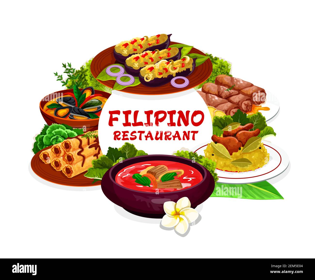 Filipino cuisine restaurant dishes vector round frame. Lump with meat