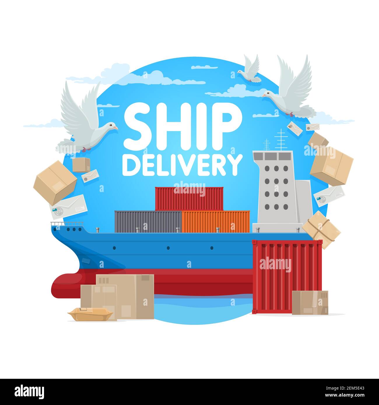 Mail delivery, post office shipping logistics and maritime ship