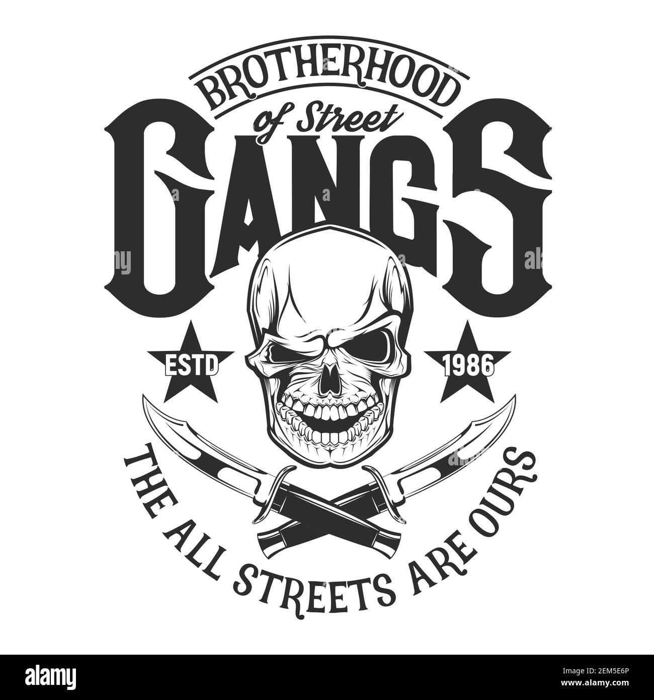 Winking skull with crossed knives t-shirt print. Vector head of dead gangster skeleton with daggers, stars and letterings, motorcycle or rock club app Stock Vector