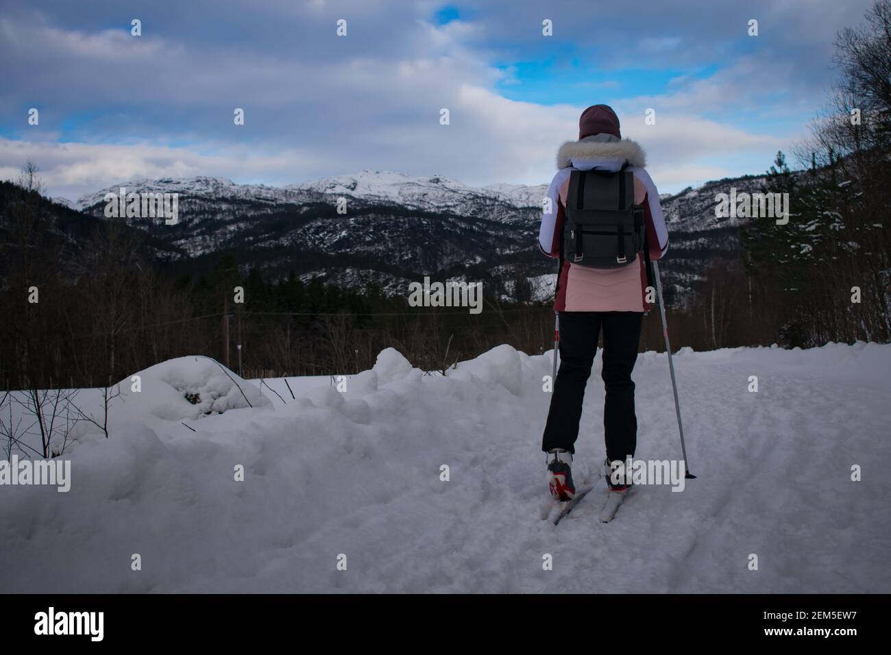 Young Woman Cross Country Skiing in Norway Stock Photo