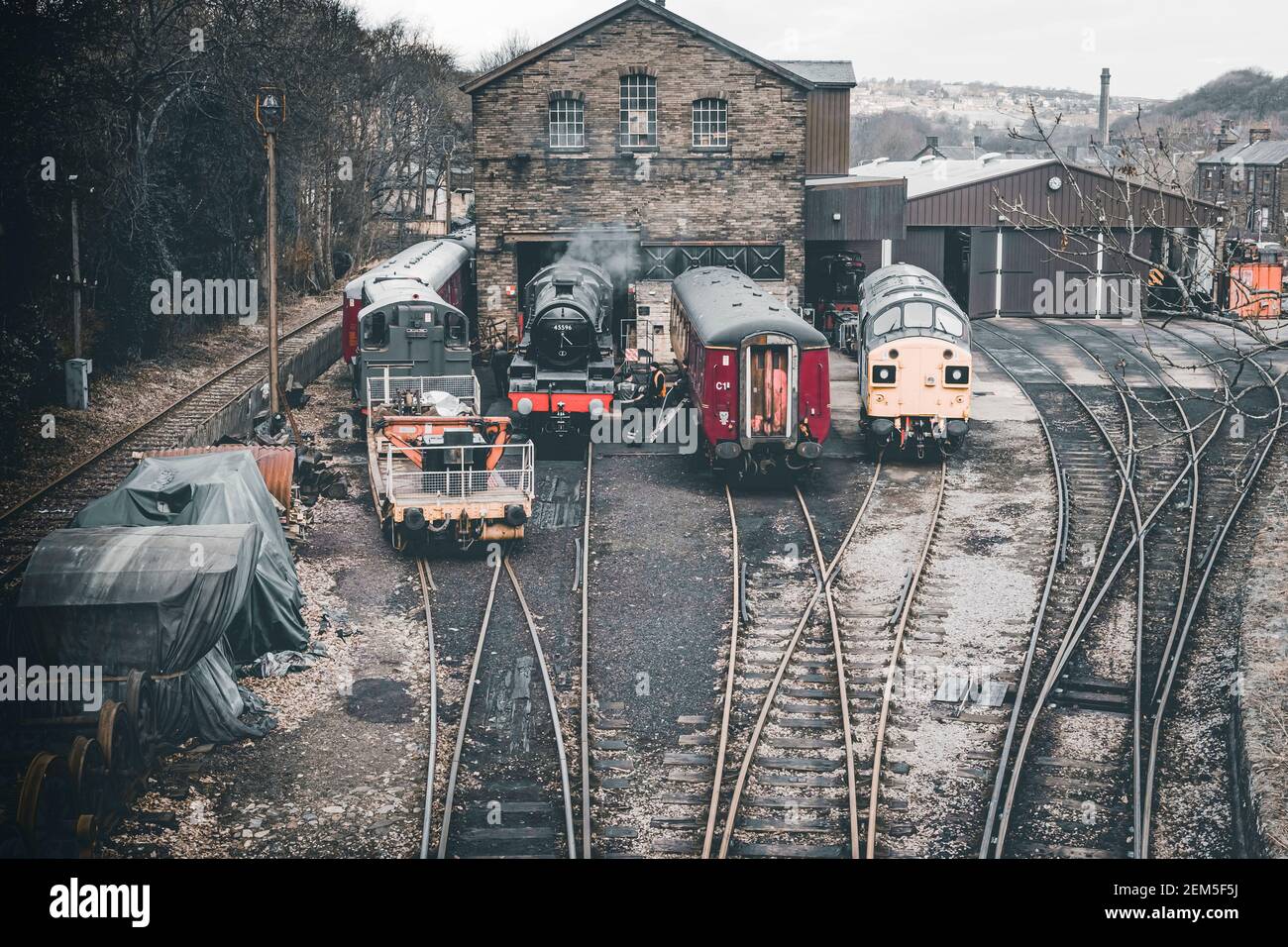 Steam and Diesel trains stabled at Haworth Train Station on the ...