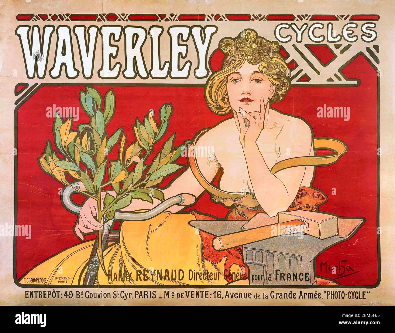 Alphonse Mucha, advertising poster for 'Waverley Cycles', 1898.  Alfons Maria Mucha (1860 -1939) was a Czech Art Nouveau painter, illustrator and graphic artist, Stock Photo