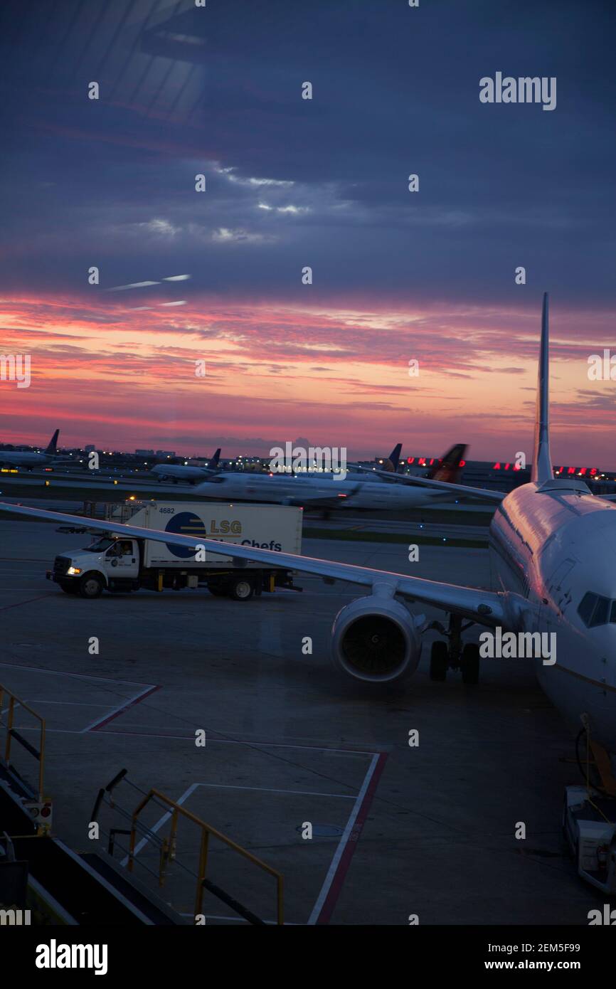 Sunset at O'Hare Airport in Chicago. Stock Photo