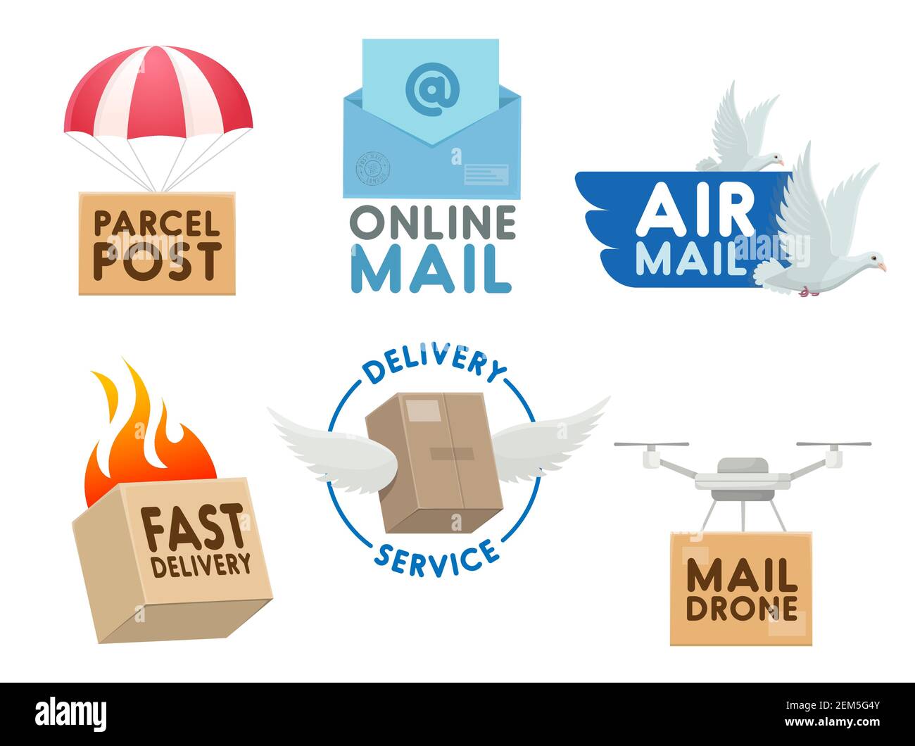 Post mail service isolated vector icons. Mailbox, letter envelope, burning parcel box fast