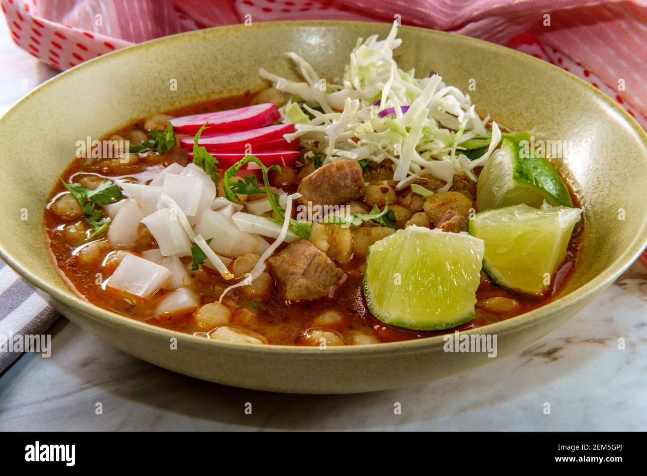 Mexican Pozole rojo pork and hominy stew with variety of fresh ...