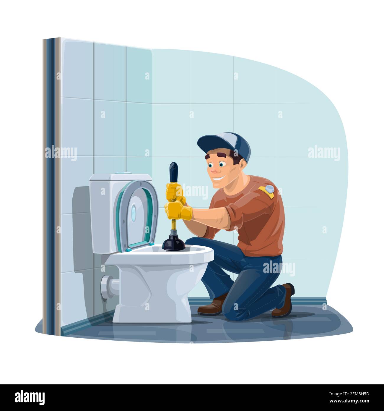 Plumber cleaning toilet sewerage with plunger, home plumbing service