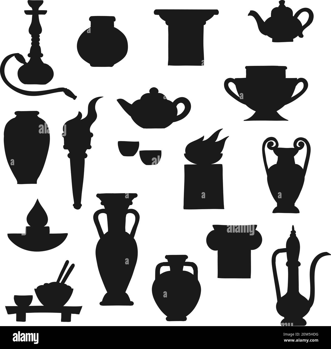 Ancient pottery vector black silhouettes of greek amphora, chinese vase and indian oil lamp. Antique ceramic teapot, copper jug and fire bowls, torch, Stock Vector