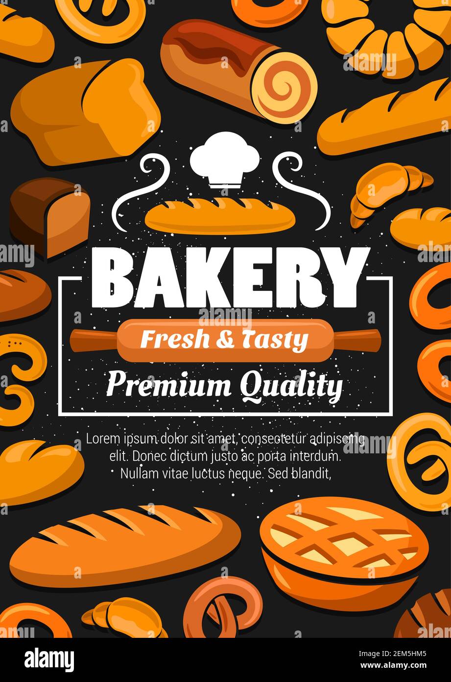 Bread, baguette and croissant of bakery and pastry shop vector poster ...