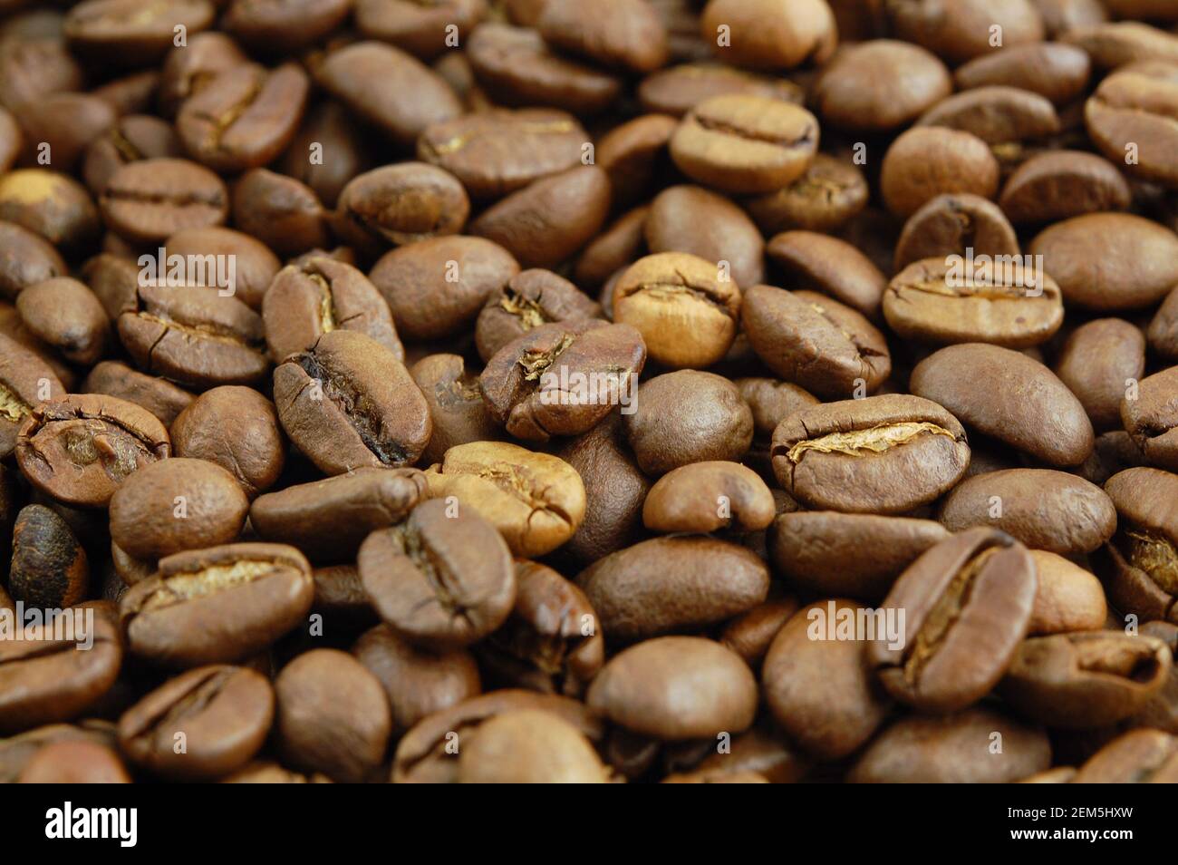 Closeup roasted coffee beans background. Selective focus. Roasted coffee beans background. Stock Photo