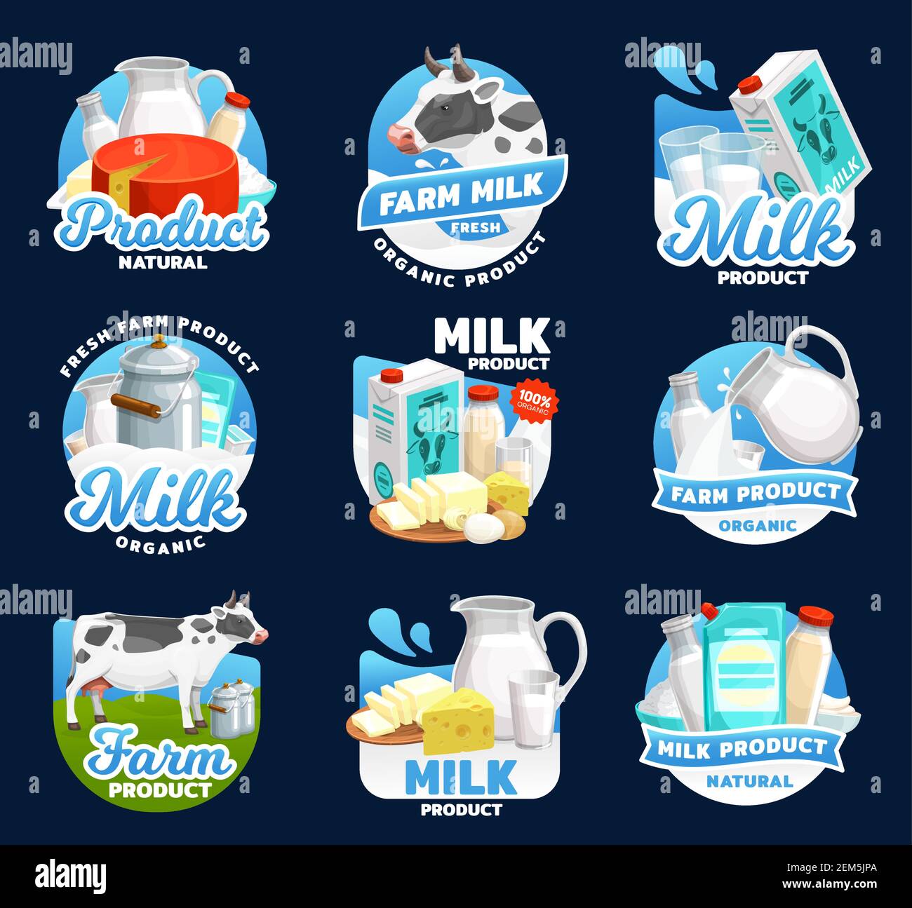Farm milk vector icons of dairy food products with cheese, butter and ...