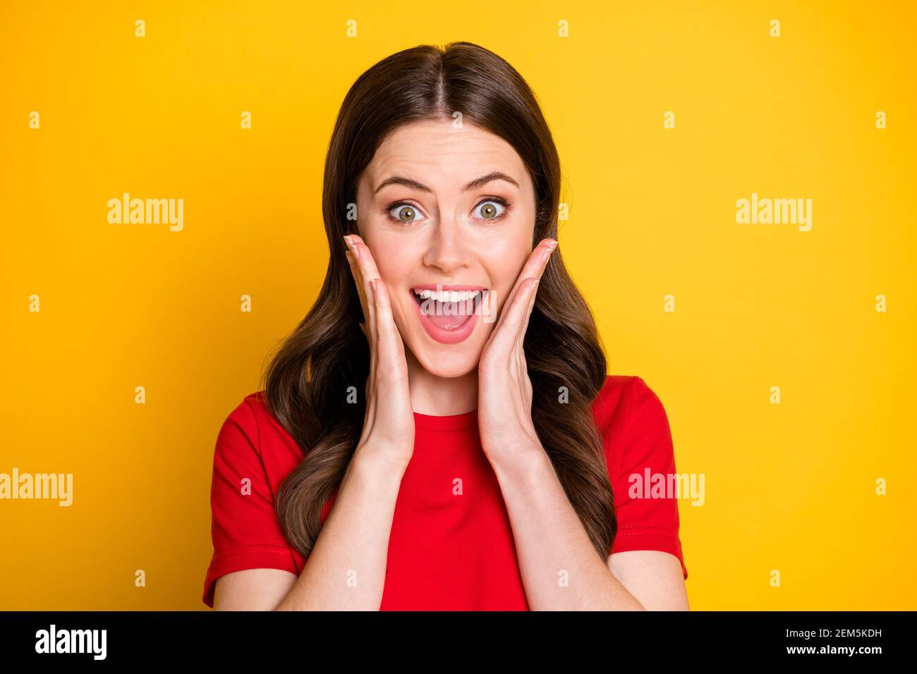 Portrait of positive astonished girl touch face hands isolated over ...