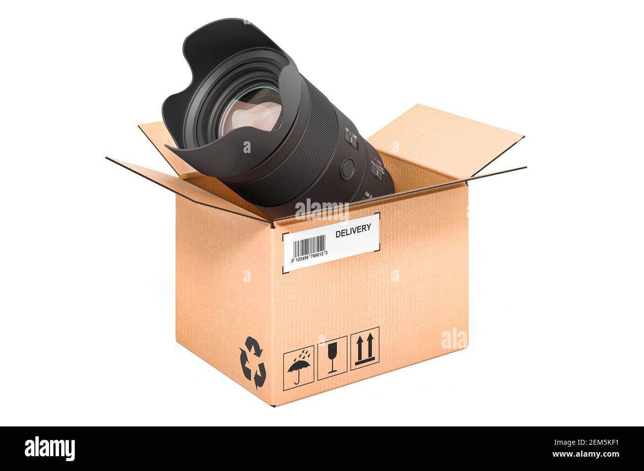 Camera lens inside cardboard box, delivery concept. 3D rendering ...