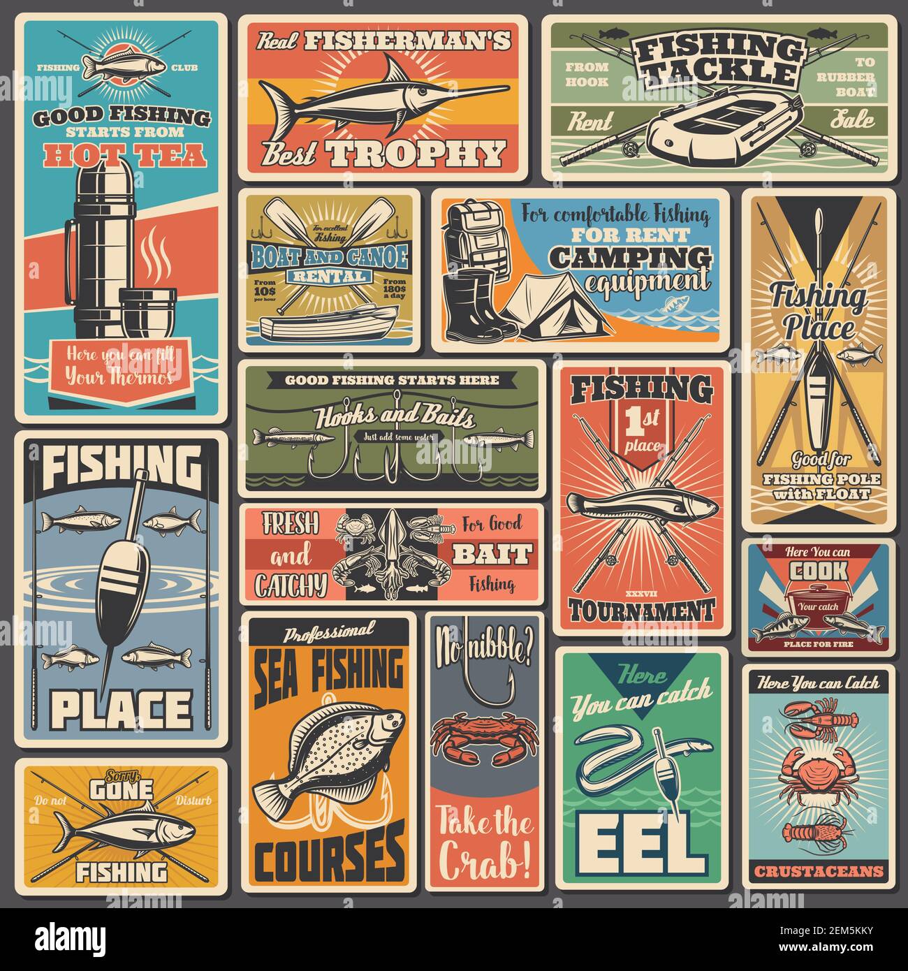 Fishing sport equipment and items vector posters. Fisherman tournament,  boat and canoe rental service. Professional fishing sport, tackle and  bobber Stock Vector Image & Art - Alamy