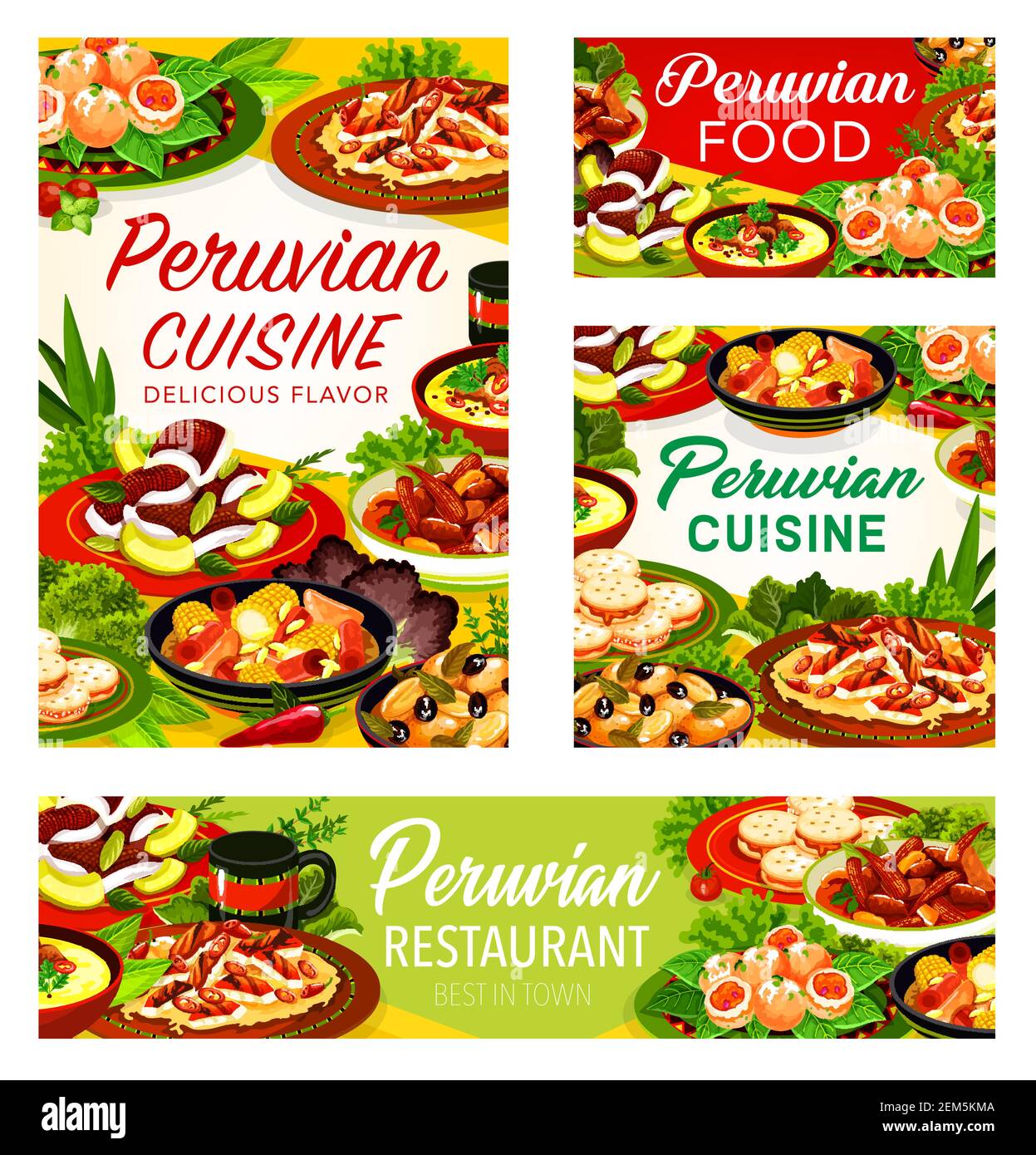 Peruvian restaurant dishes with meat, fish, vegetable and dessert. Grilled chicken chilli salad, beef corn stews and seafood shrimp croquettes, flound Stock Vector