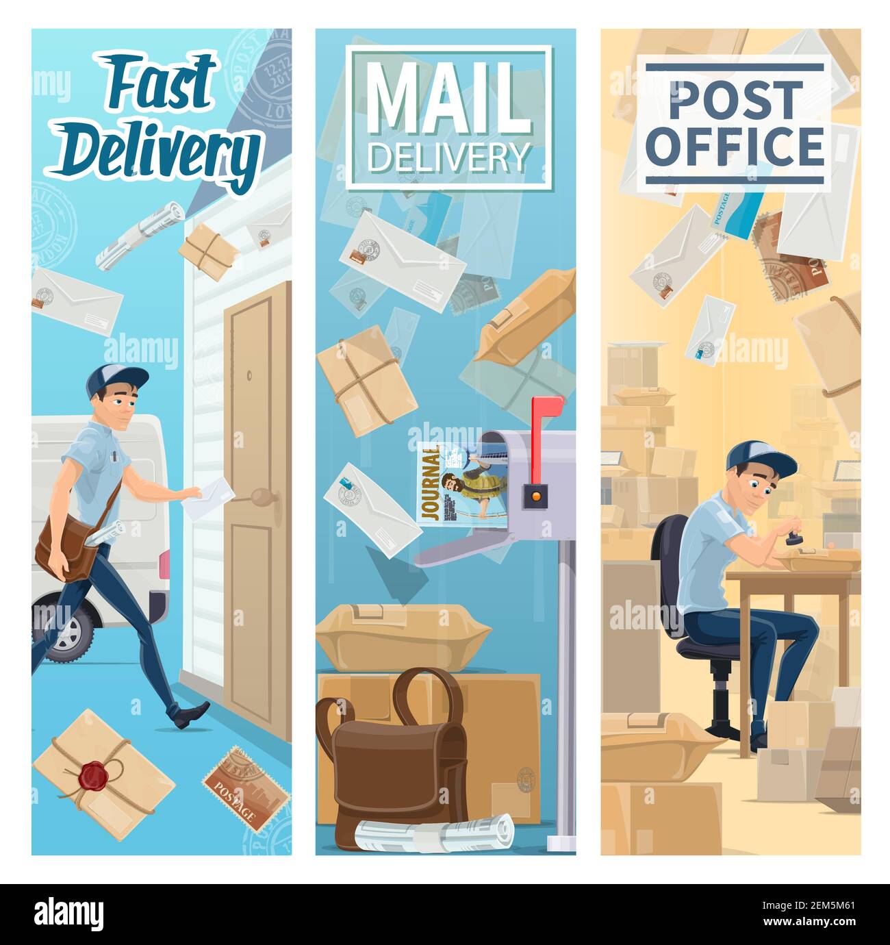 Post office and postman, mail delivery service vector banners. Courier