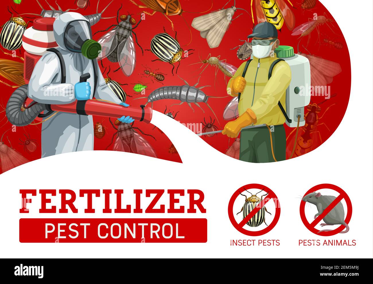 Pest control workers spraying insecticide against insects and rodents. Vector exterminators in chemical protective suit and mask with pressure sprayer Stock Vector