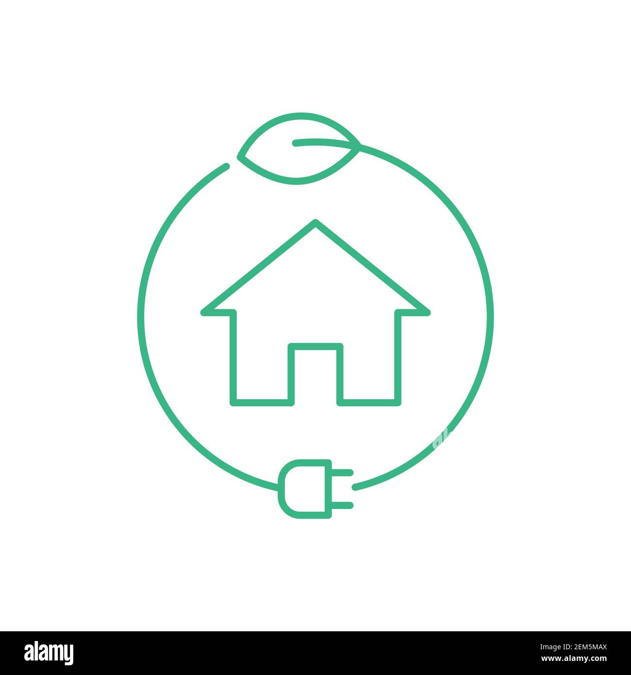 Eco house icon. Green house in a circle with a leaf and a plug. Environment friendly lifestyle sign. Zero emission smart home. Sustainability. Vector Stock Vector