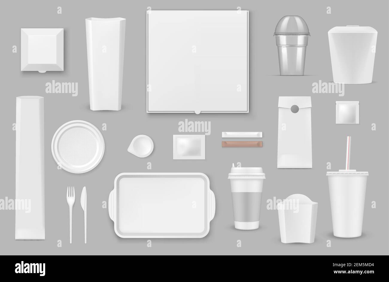 Plastic, paper disposable tableware realistic vector mockups set. Pizza, french fries and popcorn box, container for hot food, drink paper cup with li Stock Vector