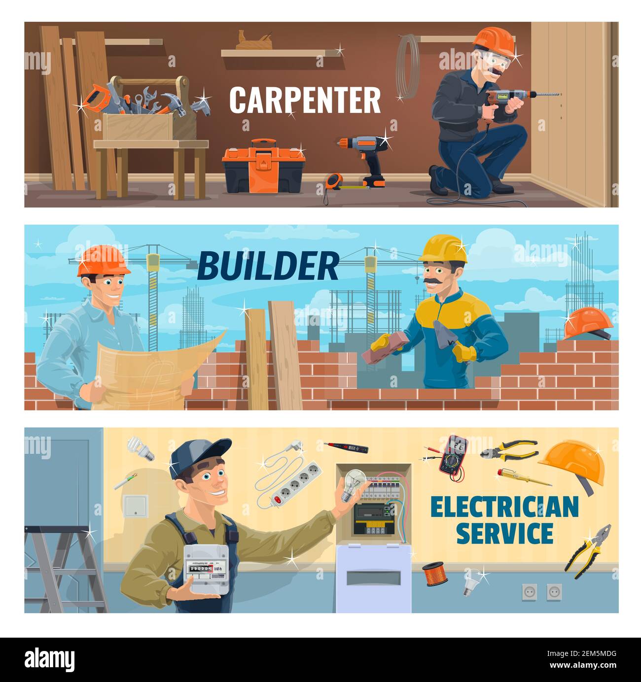 Carpenter, builder and electrician workers. Construction industry masters. Carpenter drilling a wood, builder laying a bricks, electrician installing Stock Vector