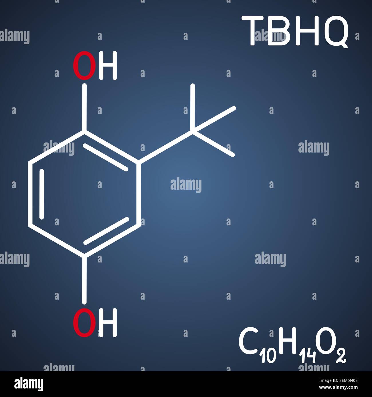 TBHQ, tert-Butylhydroquinone, tertiary butylhydroquinone molecule. It is antioxidant, food additive E319, derivative of hydroquinone. Dark blue backgr Stock Vector