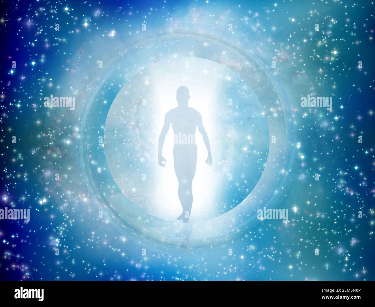 Man comes through star gate. 3D rendering Stock Photo