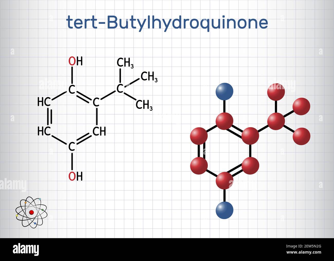 TBHQ, tert-Butylhydroquinone, tertiary butylhydroquinone molecule. It is antioxidant, food additive E319, derivative of hydroquinone. Sheet of paper i Stock Vector